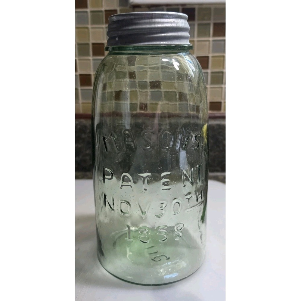Mason's Patent Nov. 30th 1858 Light Green Fruit Jam Jar With Ball Lid 9.25" Tall